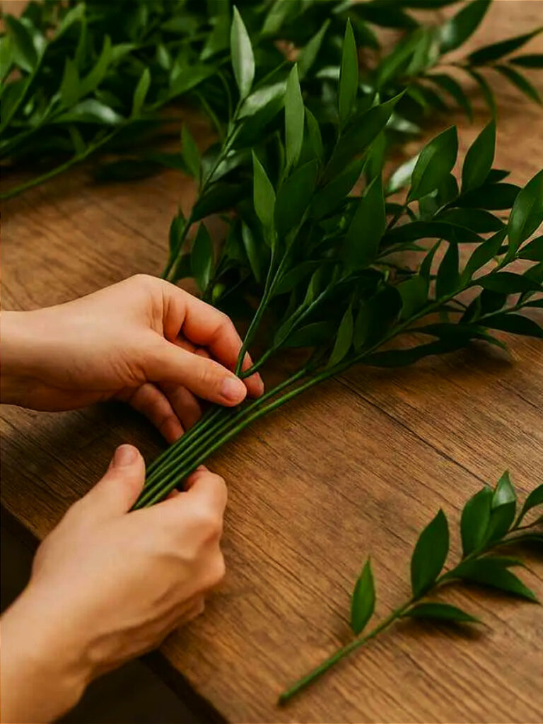 Manos clasificando ruscus italiano sobre un mes{on